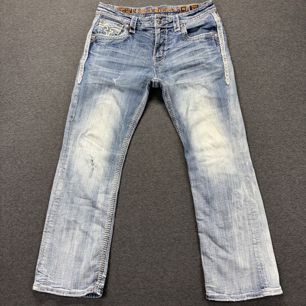 Rock Revival Themis Boot Cut Jeans Mens 36x32 Distressed Stretch Blue Faded